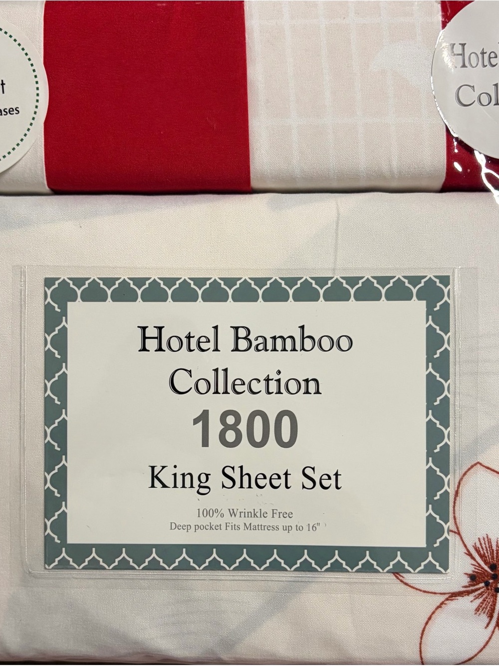 Hotel Bamboo 1800 King Sheet Set — White with Red Accents